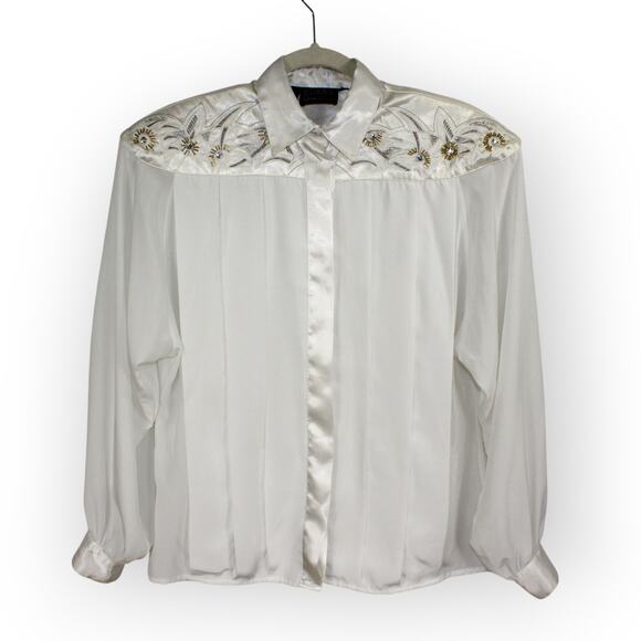 XS/S Vintage Erena by Irene Koenig Satin Blouse Ivory Embellished Yoke - Picture 14 of 16